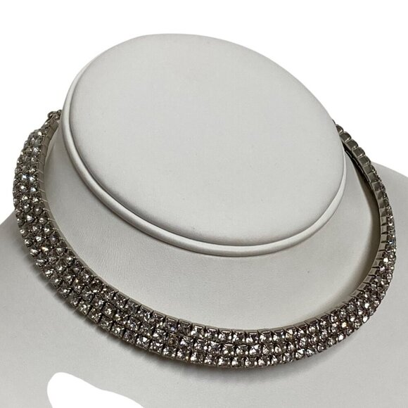 Rhinestone Choker Necklace Silver Tone Prong Set Lobster Clasp Adjustable Length - Picture 7 of 8